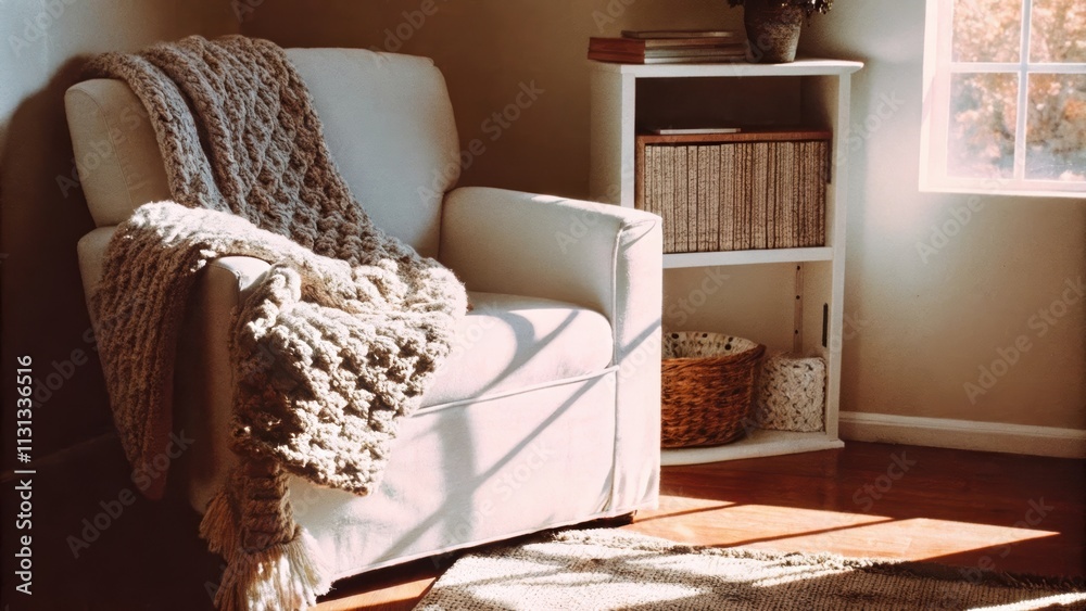 Poster A cozy reading nook positioned by a window featuring a large white armchair with an intricate knitted blanket and a small white bookshelf filled with textured decor pieces.