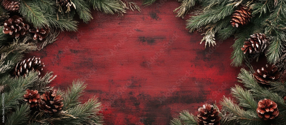 Poster festive rustic backdrop with pine cones and fir branches on weathered red wood for holiday themes an