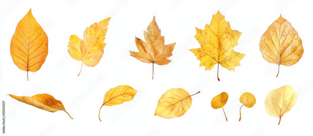 Poster various shapes of dried yellow autumn leaves arranged for creative design use on a white background