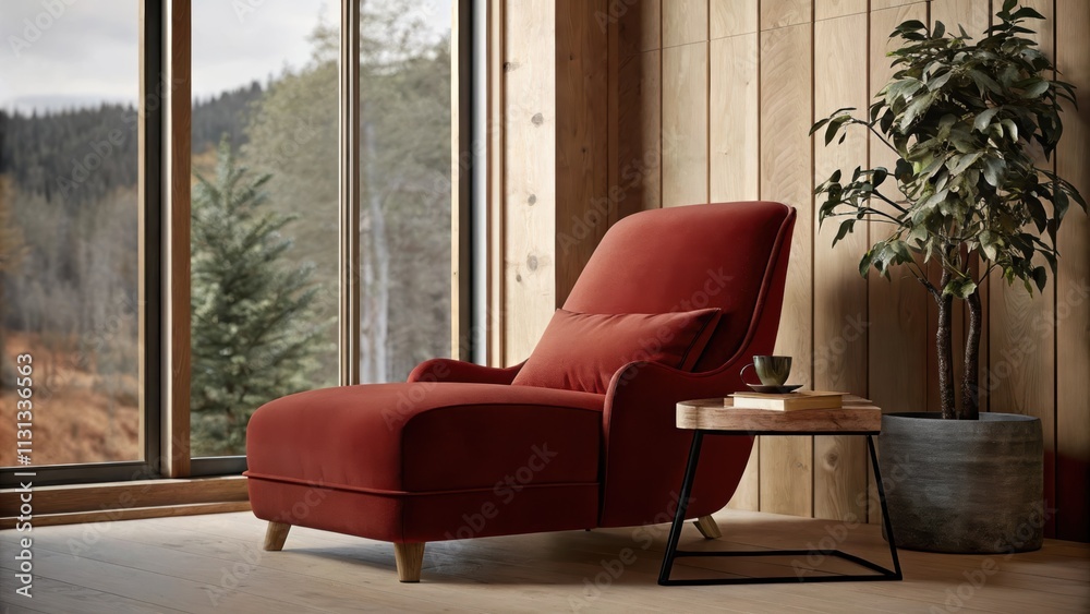 Poster a cozy reading nook featuring a lowbacked minimalist armchair positioned next to a wide window that 