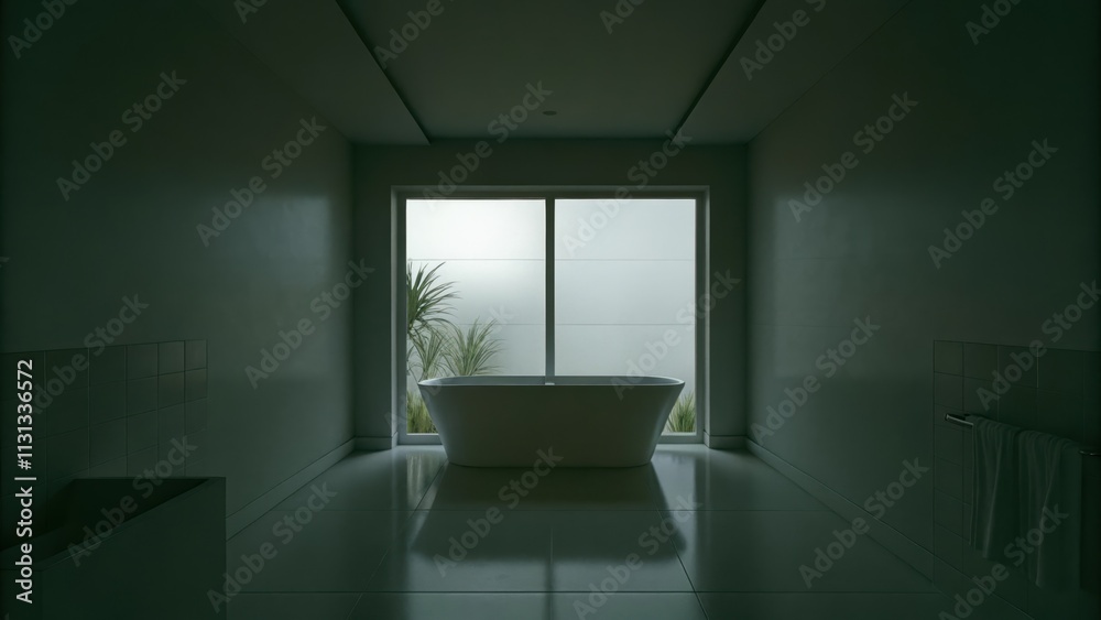 Poster a minimalist bathroom with a freestanding tub and a single large window. light dances on the glossy 