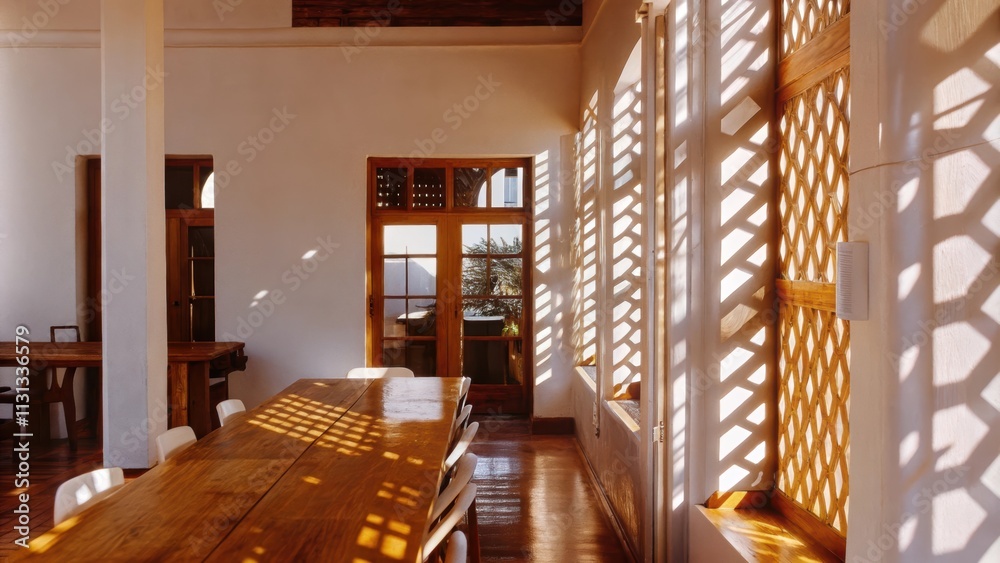 Poster A spacious dining area featuring a long wooden table and simple chairs. Sunlight streaming through a wide window projects intricate shadow patterns onto the pale walls enhancing
