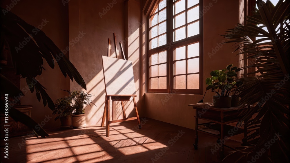 Aufkleber An elegant studio space with an easel surrounded by natural materials. Bright light filters through multiple windows creating varied shadow play on the canvas and enhancing the