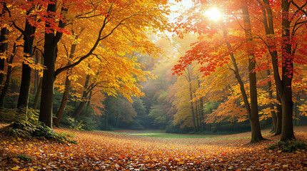  a vibrant autumn forest backdrop. trees with foliage in shades of red, orange, and yellow, with fallen leaves blanketing the forest floor.