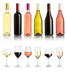 Bottles and glasses with different wines isolated on white, set