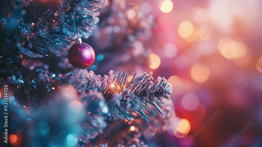 Poster Closeup of a beautifully decorated Christmas tree with colorful lights and ornaments creating a warm festive atmosphere.