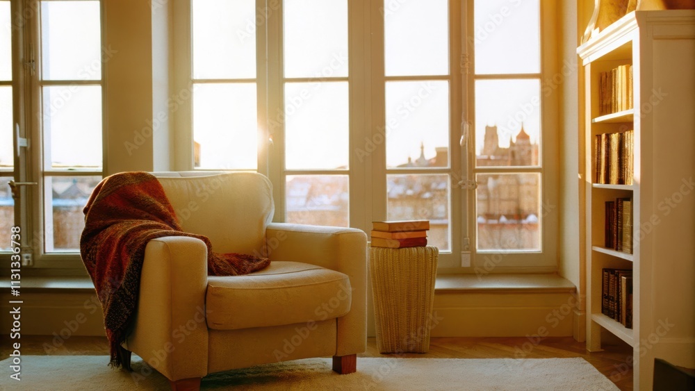Poster A cozy reading nook featuring a soft armchair and a small side table illuminated by natural light streaming through large windows that offer a view of a stunning cityscape with