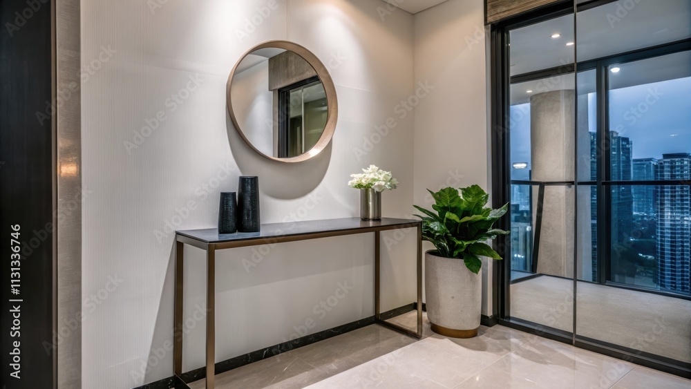 Poster an elegant entryway showcasing a slim console table against a wall of glass providing unobstructed v