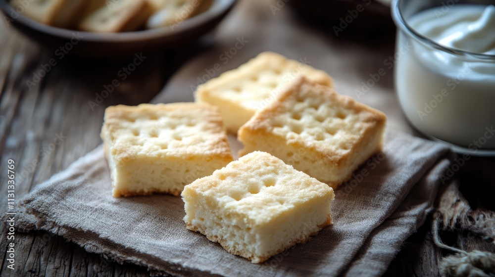 Poster delicious shortbread squares on a napkin paired with yogurt served on a rustic wooden table showcasi