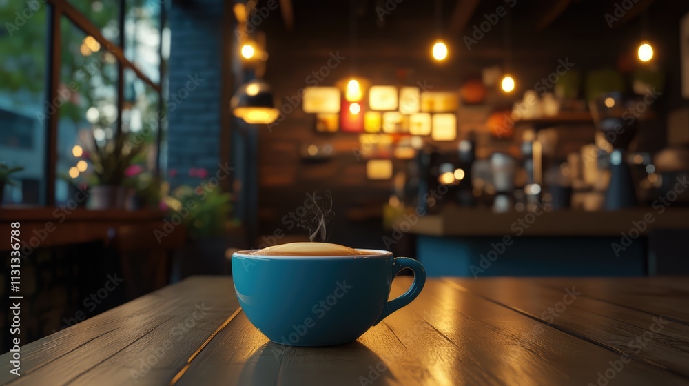 Aufkleber rustic coffee ambiance with blue cup on wooden table in cafe illuminated by soft lighting and greene