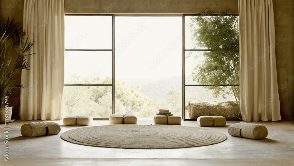 Poster A peaceful meditation space defined by a low circular rug surrounded by meditation cushions soft natural tones on the walls and a large open window that invites in the gentle sound