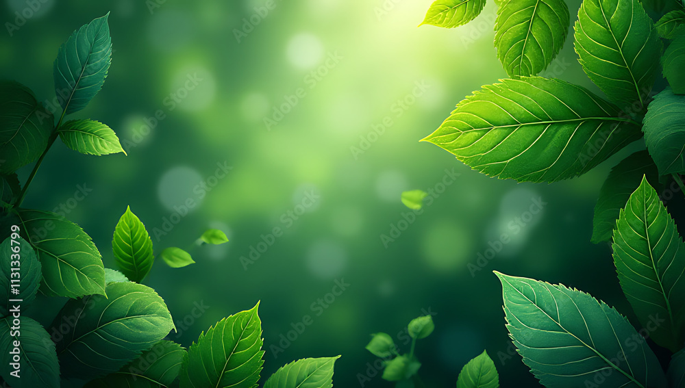 Poster A lush green leaf pattern serves as a calming and natural wallpaper design for backgrounds in various rooms._00002_