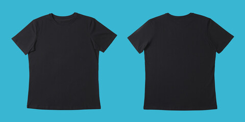 Blank black t-shirt on turquoise background, back and front. Mockup for design