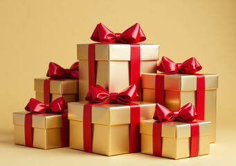 Obraz premium golden gift boxes stacked neatly bright red ribbons around
