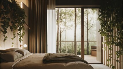 Fototapeta premium An intimate bedroom decorated in soft earth tones with a large mural of a tranquil forest scene behind the bed and a small balcony draped in climbing vines that offers views of a