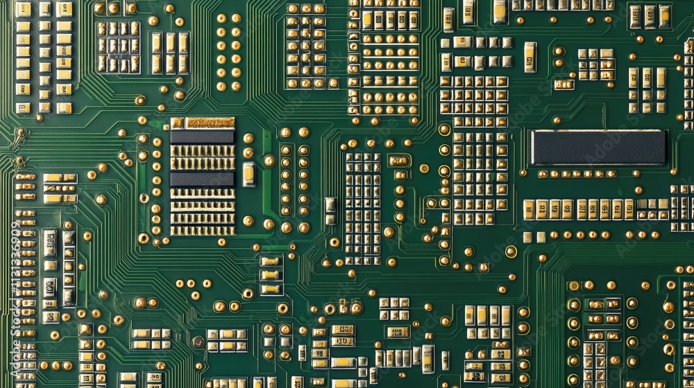 Poster Detailed close-up of a circuit board showcasing intricate components and chips highlighting advanced technology in electronics industry