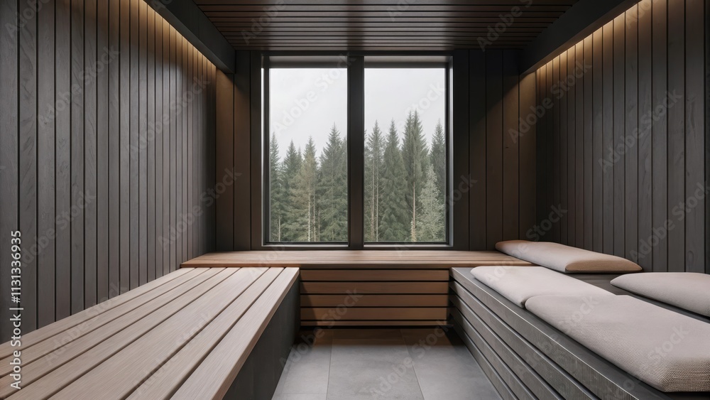 Poster a calm meditation room featuring a sleek wooden platform and soft mats where the adjoining window al