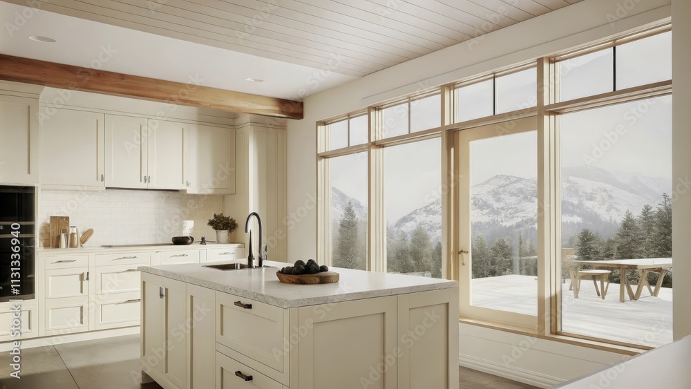 Aufkleber A modern kitchen with creamy white cabinetry and a vast island topped with quartz. Large windows offer a clear sight of snowcapped mountains while muted earth tones throughout the