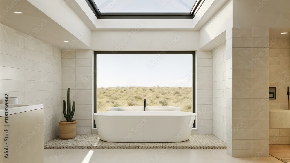 Aufkleber a tranquil bathroom featuring white tile and smooth stone accents illuminated by a skylight. a deep 