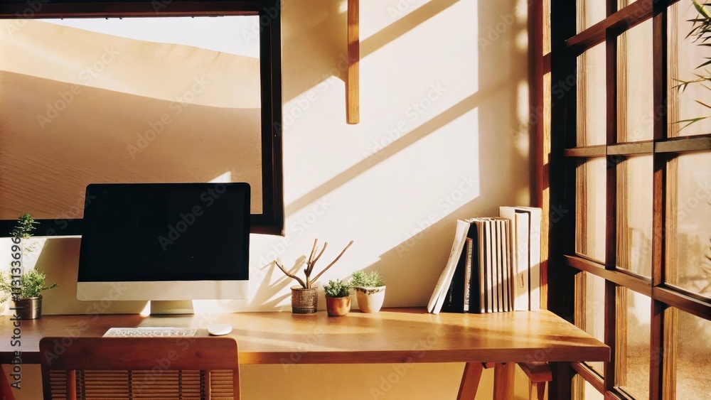 Poster A bright home office with clean lines and a large desk facing a window. A few small potted cacti are arranged neatly on the desk while light floods the space casting shadows of the