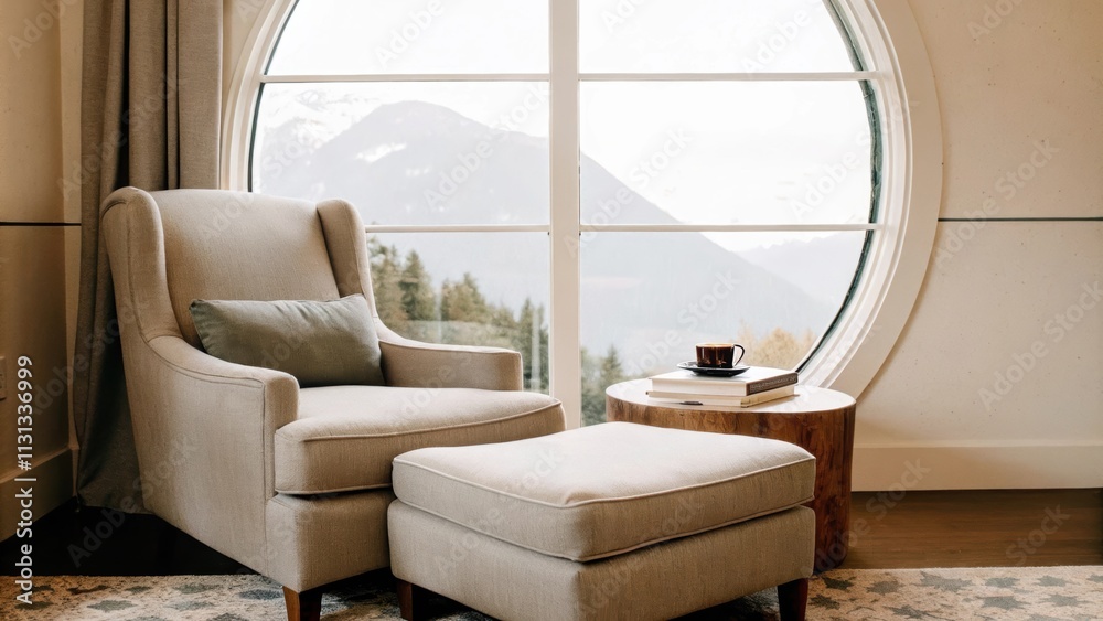 Poster A cozy reading nook with a soft neutralcolored armchair and a matching ottoman. The nook is set in front of a round window that frames a stunning mountain vista inviting relaxation