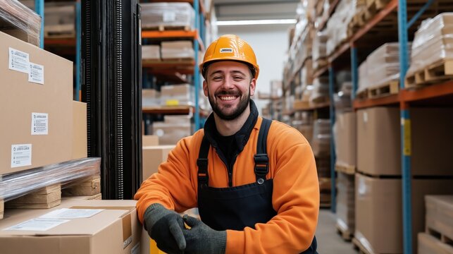 Happy caucasian warehouse worker with boxes. Logistics, storage concept. Suitable for Labor Day, career, business, industry, workplace safety promotions with copy space.