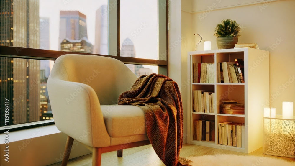 Poster A cozy reading nook with a plush armchair positioned by a large window providing a view of skyscrapers. A small bookshelf filled with neatly arranged books and a warm throw blanket