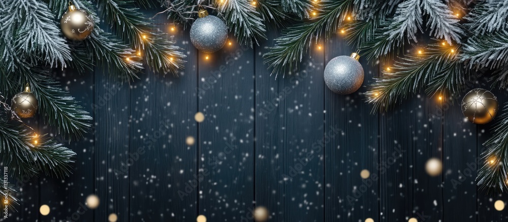 Aufkleber Festive Christmas backdrop with snow-dusted fir branches sparkling lights and glittering ornaments creating a warm holiday atmosphere.