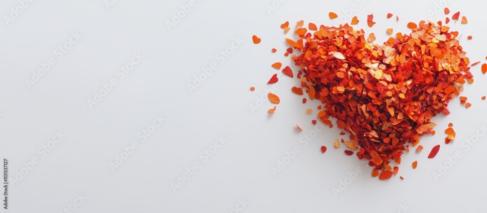 Poster Red heart-shaped confetti arranged on a white background ideal for Valentine's Day or romantic themes with ample space for text insertion
