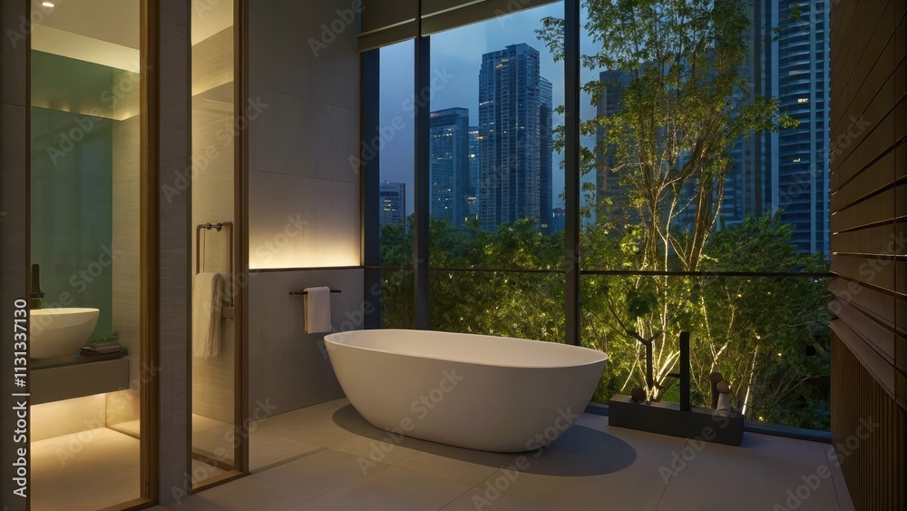 Poster a serene bathroom with clean lines and a freestanding bathtub positioned next to a large window allo