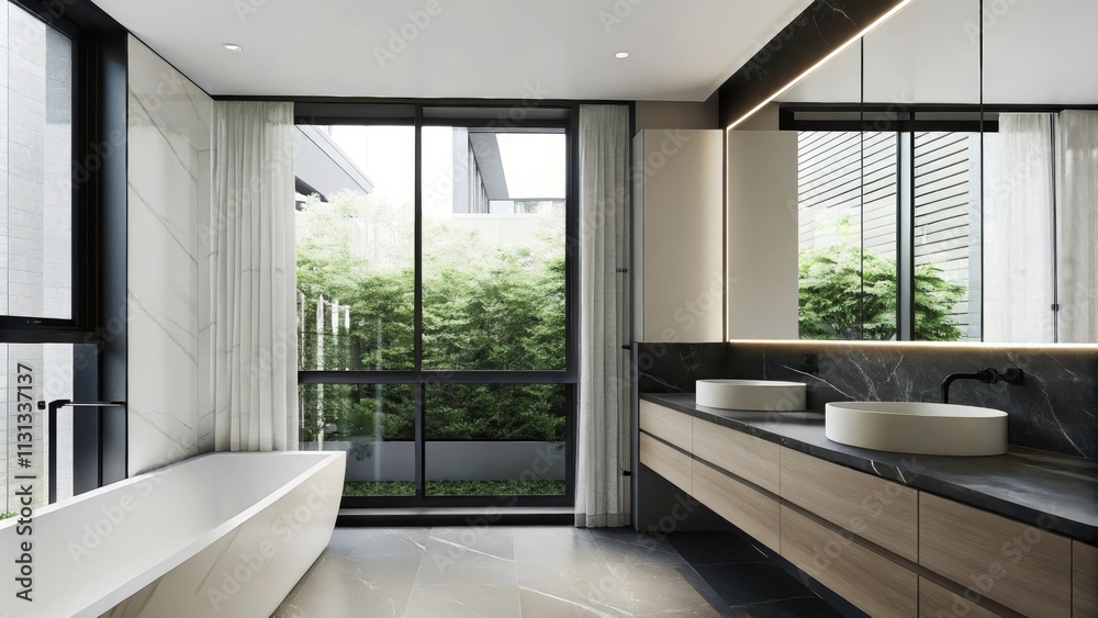Poster An elegant bathroom with sleek fixtures and marble surfaces complemented by a window that opens up to an urban garden allowing natural light and greenery to enter the space.