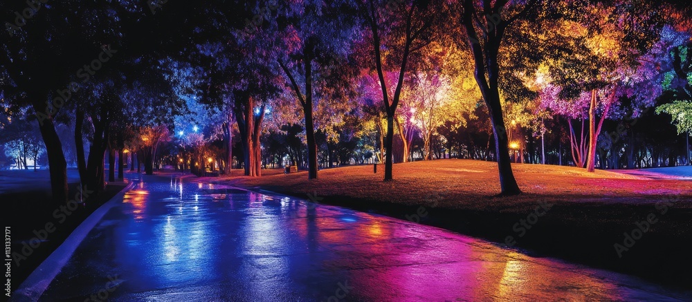 Poster vibrant night park scene with colorful lights reflecting on wet pavement in tranquil illuminated out