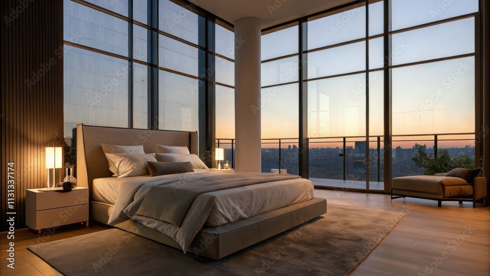 Poster A stylish bedroom featuring a large bed with soft linens a bedside table with candles and large windows that let in natural light framing a panoramic view of the city skyline at