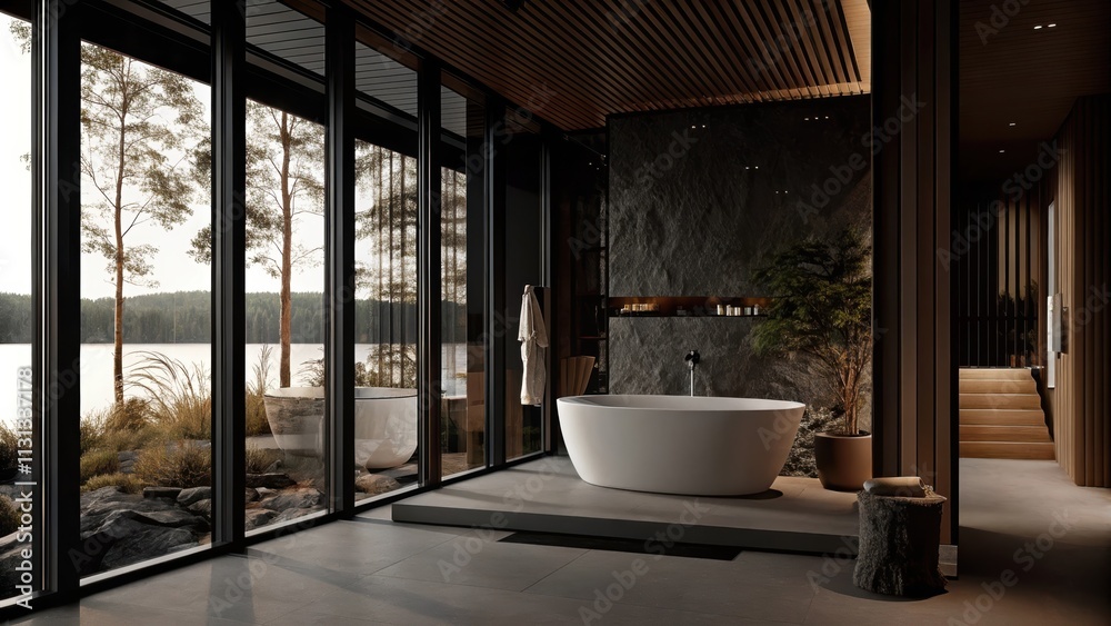 Aufkleber A luxurious spa bathroom with a freestanding soaking tub p beneath large glass windows. Natural stones complement the minimalist decor while offering a splendid view of the calm