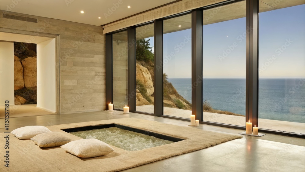 Poster a serene meditation nook with floor cushions and soft rugs framed by panoramic windows offering clif