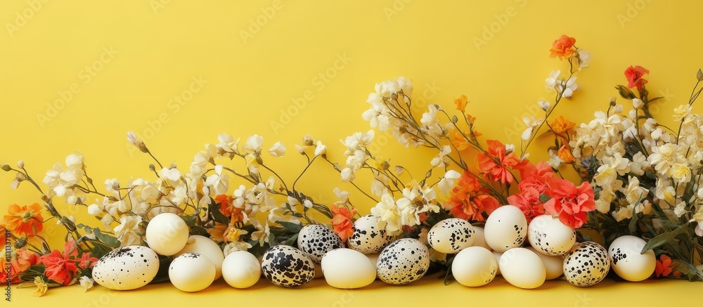 Poster quail eggs arranged with artificial flowers on a vibrant yellow background for a fresh and colorful 