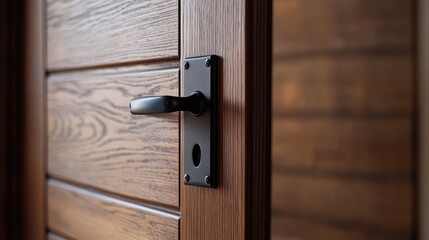 Closeup view of a wooden door with a sleek black lock and handle showcasing natural textures and craftsmanship details