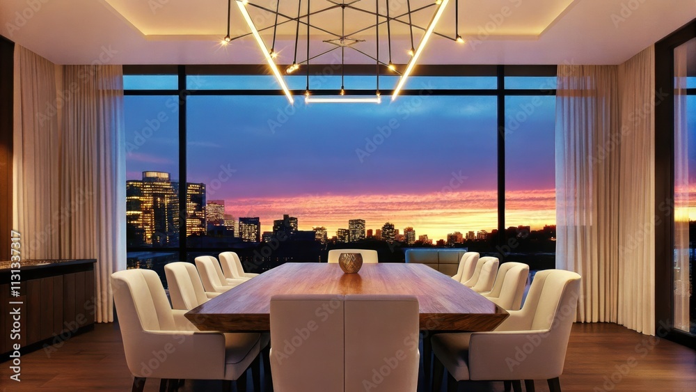 Leinwandbilder an elegant dining area with a rectangular wooden table surrounded by white chairs illuminated by a c