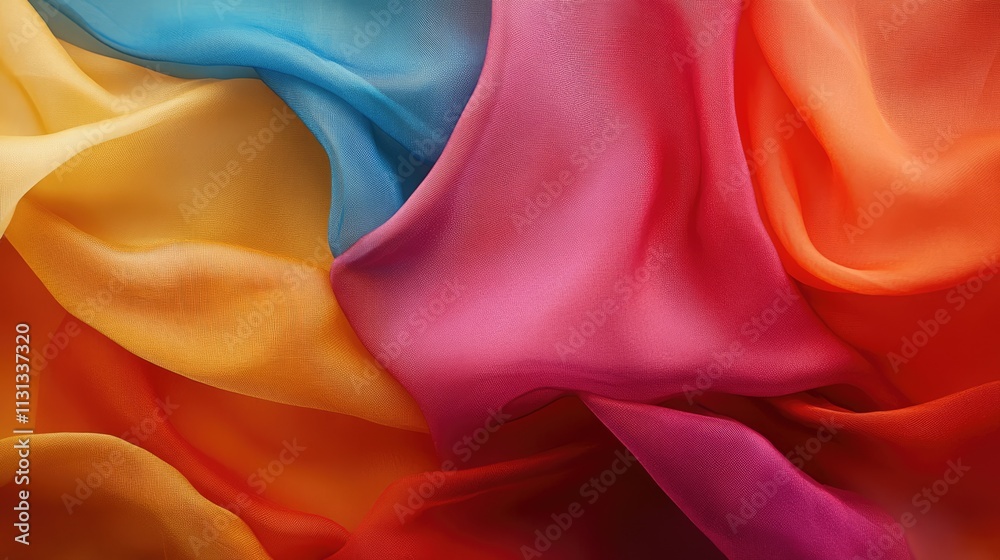Poster Vibrant abstract background of flowing cloth fabric streamers in bold colors creating a smooth and dynamic texture pattern.