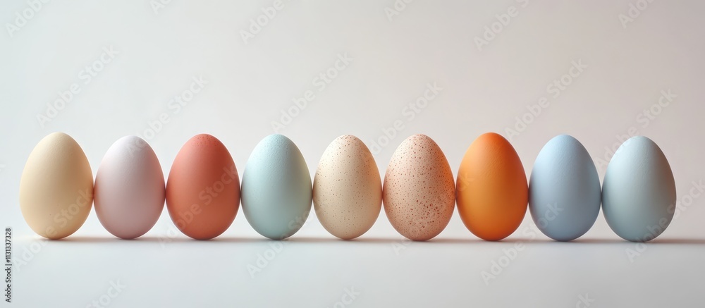 Poster pastel colored eggs arranged in a row on a clean white backdrop symbolizing celebration and joy duri
