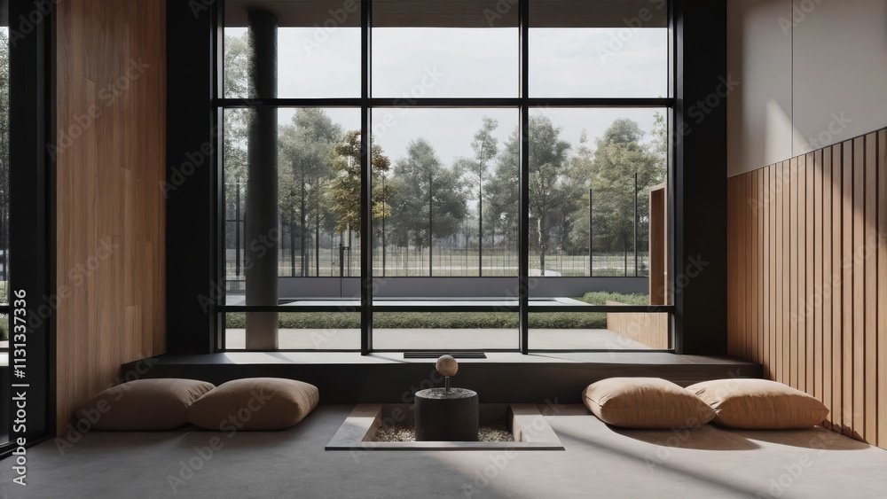 Poster a meditation room with a large window overlooking the park featuring soft earthtoned cushions on the