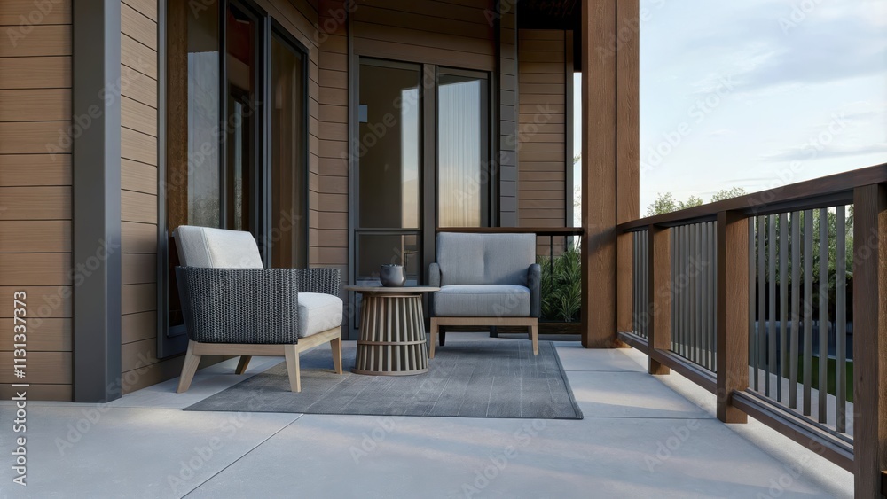 Poster A quiet porch with a set of two comfortable chairs and a small round table. Soft gray cushions add a touch of comfort while a simple outdoor rug beneath ties the space together