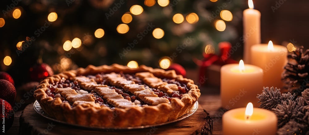 Aufkleber christmas pie beautifully arranged with candles and a blurred festive tree background, creating a wa