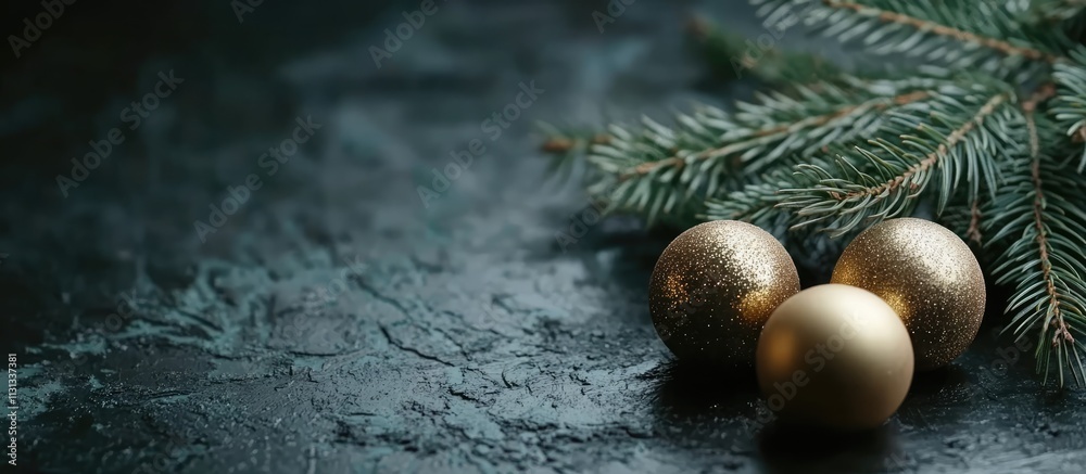 Aufkleber elegant composition of fir branches with gold ornaments on dark textured wood surface perfect for fe