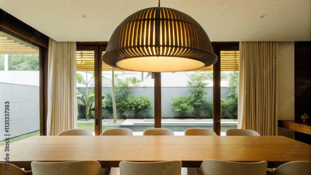 Poster an airy dining area showcases a large wooden table surrounded by minimalist chairs positioned beneat