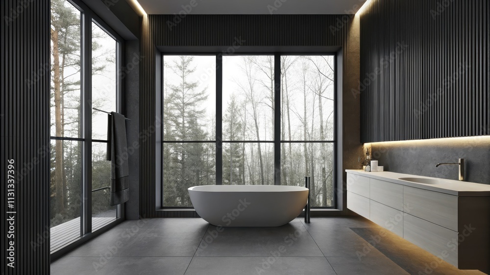Poster A tranquil bathroom with sleek lines and a large window providing a view of the parks trees complete with a freestanding tub and minimalist fixtures emphasizing a spalike