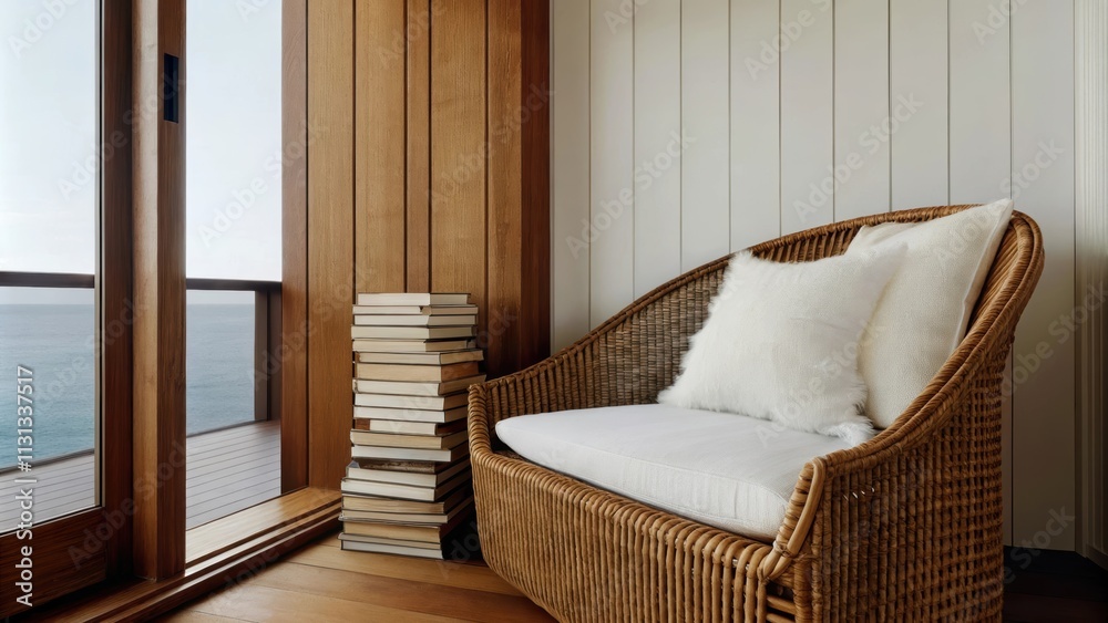 Poster a tranquil reading nook is anchored by a oversized rattan chair with fluffy white throw pillows p be
