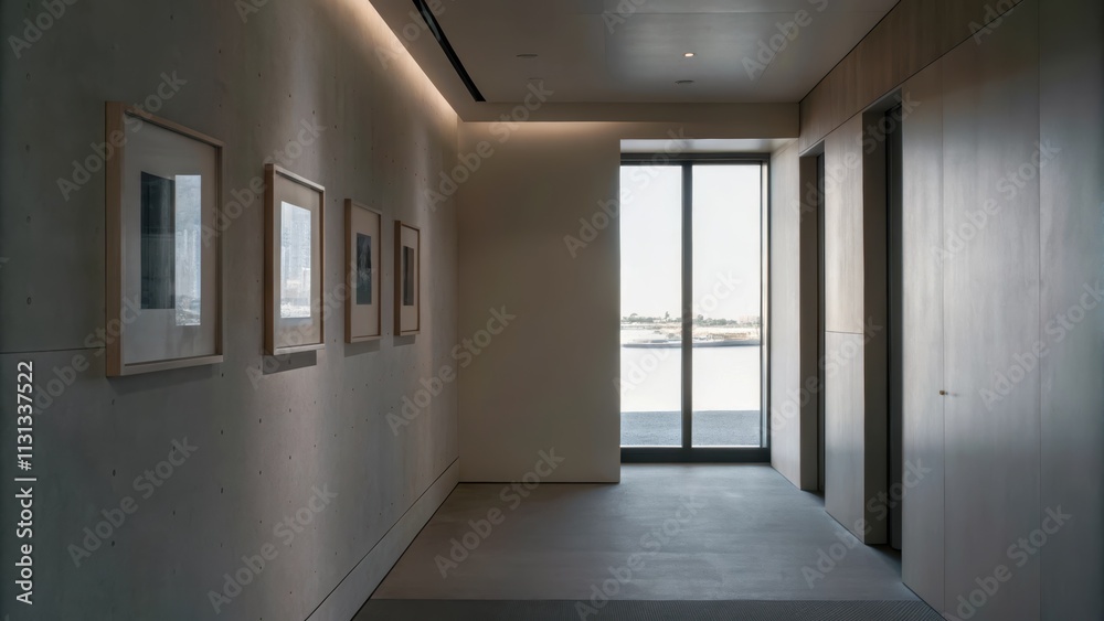 Aufkleber A sleek minimalist hallway is adorned with a few framed artworks leading to a large window that effortlessly frames the tranquil harbor view inviting soft light into the otherwise
