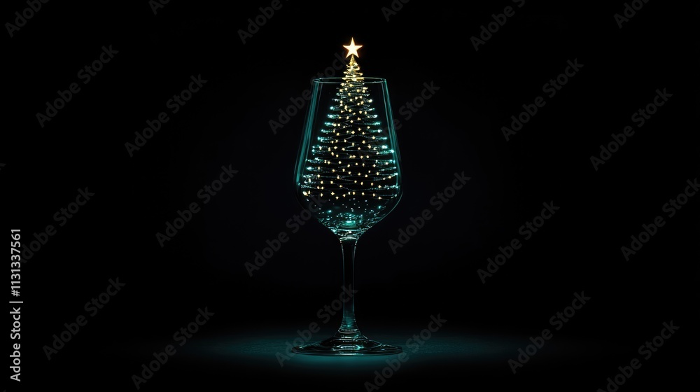 Poster Festive champagne glass with miniature Christmas tree glowing inside on a dark background creating a celebratory atmosphere