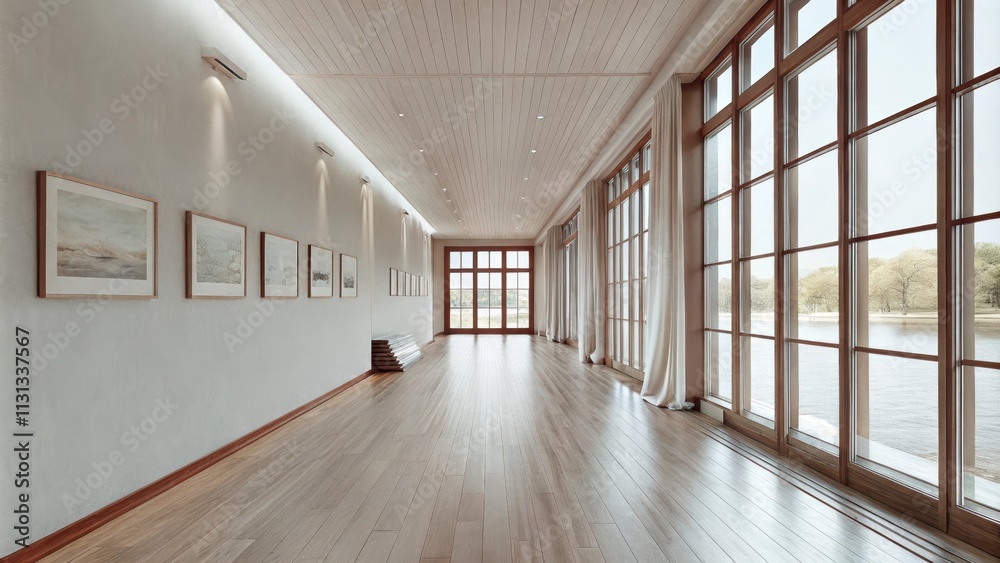 Poster a spacious hallway with smooth wood flooring large windows lining the walls offering glimpses of the